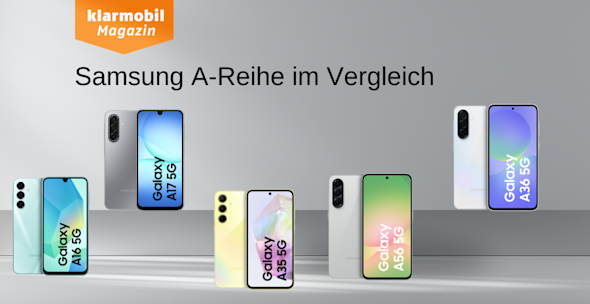 Produktbilder Samsung Galaxy A16, Galaxy A17, Galaxy A35, Galaxy A56 und Galaxy A36, jeweils Vorder- und Rückseite