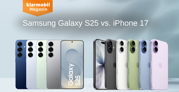 Produktbilder Samsung Galaxy S25 und iPhone 17, jeweils Vorder und Rückseite, verschiedene Farben
