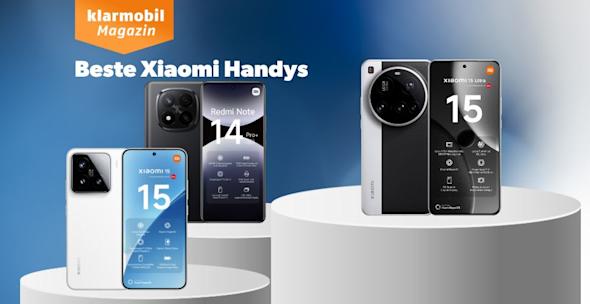 mic: Beste Xiaomi Handys_Headerbild Headerbild Beste Xiaomi Handys, Produktbilder Xiaomi 15 Ultra, Xiaomi 15 und Xiaomi Redmi Note 14 Pro+ 5G, jeweils Vorder- und Rückseite