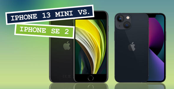 iPhone SE 2 und iPhone 13 mini nebeneinander mit Vorder- und Rückseite