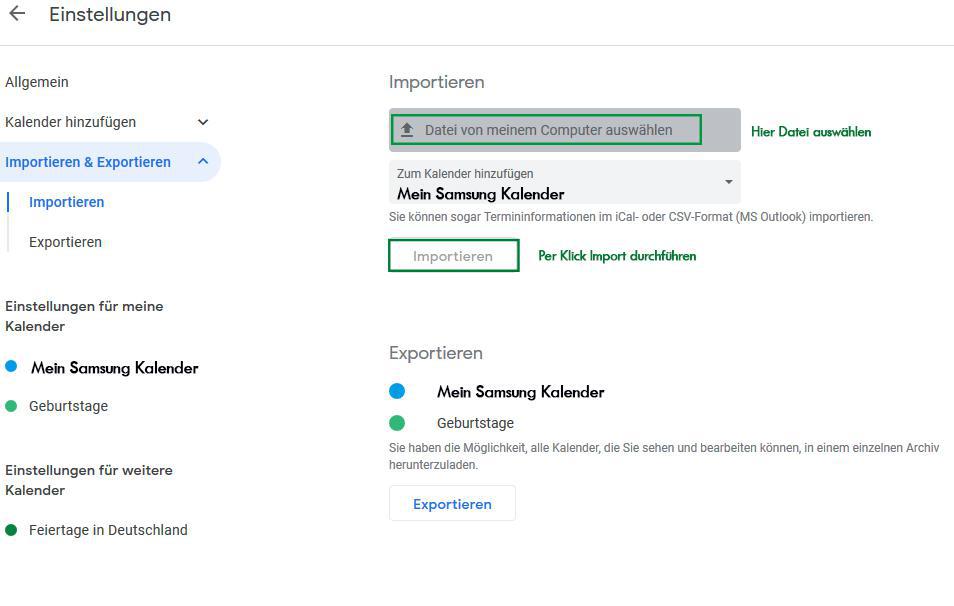 Import des S Planner Backups in Google Kalender.