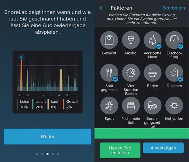 Zwei Screenshots der Schlaf-App SnoreLab.