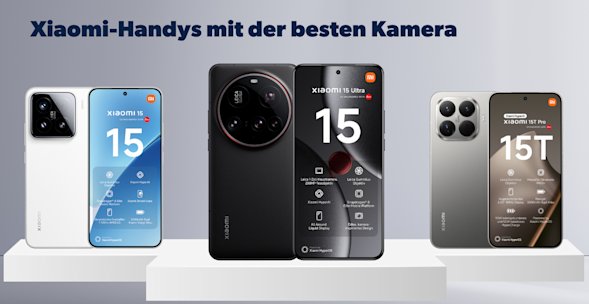 Headerbild Xiaomi Beste Kamera, Produktbilder Xiaomi 15,  Xiaomi 15 Ultra, Xiaomi 15T Pro, jeweils Vorder- und Rückseite