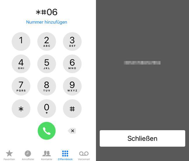 Anwahl und Anzeige der IMEI-Nummer auf dem iPhone.