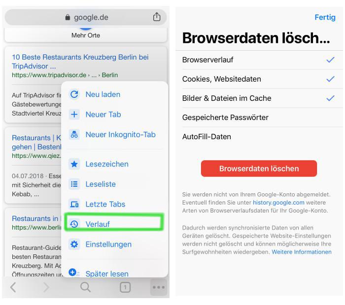 Screenshot der Einstellungen in Chrome zum Löschen des Browserverlaufs.
