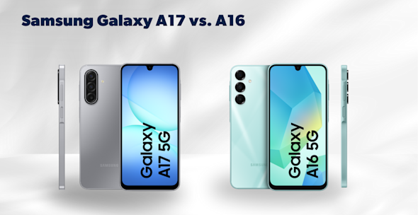 Produktbilder Samsung Galaxy A 16 und Samsung Galaxy A17, jeweils Vorder- , Rück- und Seitenansicht
