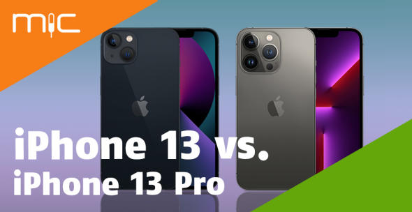 iPhone 13 und iPhone 13 Pro nebeneinander mit Vorder- und Rückseite