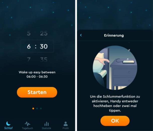 Zwei Screenshots der App Sleep Cycle.