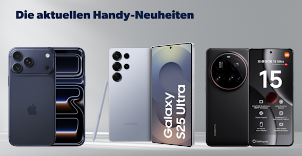 Headerbild Handy-Neuheiten 2025, Produktbilder iPhone 17, Samsung Galaxy S25, Xiaomi 15 Ultra