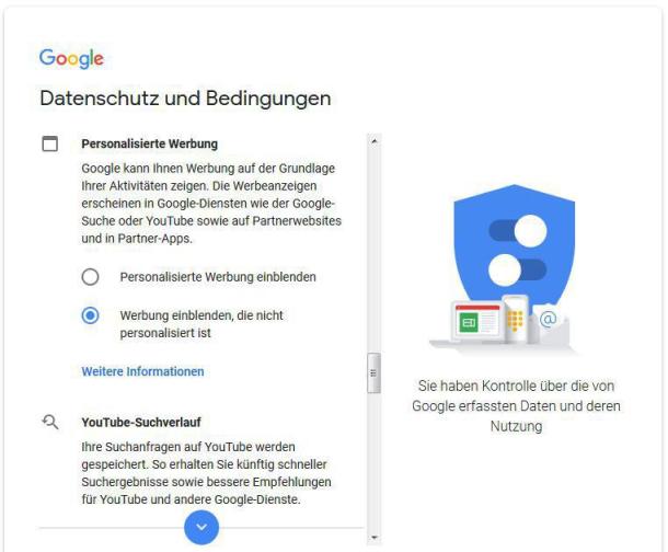 Screenshot der Datenschutzeinstellungen im Google Konto