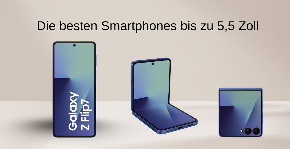 Headerbild Bestenliste Handys zwischen 5 und 5,5 Zoll, Produktbild Samsung Galaxy Z Flip7, Vorder-, Rück- und Klappansicht