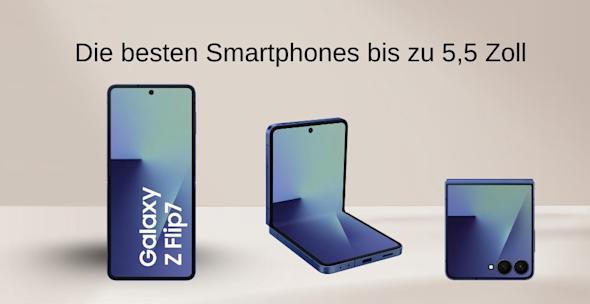 DR: Bestenliste Handys zwischen 5 und 5,5 Zoll_Headerbild Headerbild Bestenliste Handys zwischen 5 und 5,5 Zoll, Produktbild Samsung Galaxy Z Flip7, Vorder-, Rück- und Klappansicht