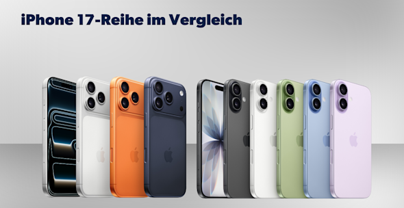 Produktbilder iPhone 17 Reihe, jeweils Vorder- und Rückseite, verschiedene Farben