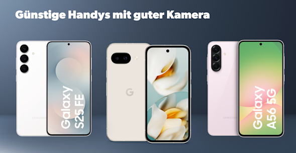 HeaderbildGünstige Handys mit guter Kamera, Produktbilder Samsung Galaxy A56, Google Pixel 9a, Samsung Galaxy S25 FE, Vorder- und Rückseite