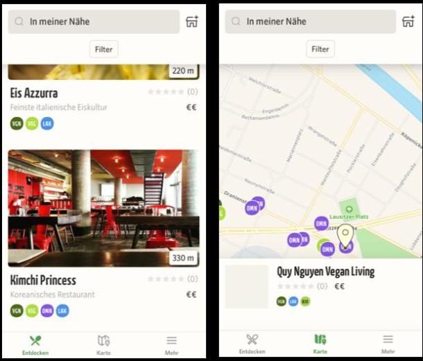 Zwei Screenshots aus der Restaurant-App Vanilla Bean für vegane Restaurants.