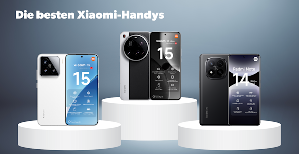 Header Bestenliste Xiaomi Handys, Produktbilder Xiaomi 15 Ultra, Xiaomi 15 , Xiaomi Remdi Note 14 Pro+ 5G, jeweils Vorder- und Rückseite 