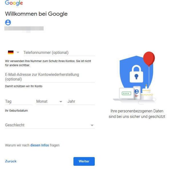 Screenshot zur Eingabe der Nutzerdaten beim Erstellen des Google Kontos