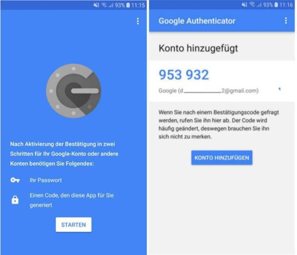 Zwei Screenshots der Oberfläche des Google Authenticators.