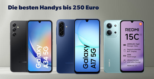 Headerbild Bestenliste Handys bis 250 Euro, Produktbilder Samsung Galaxy A17, Sony Xperia 10