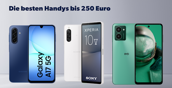 Headerbild Bestenliste Handys bis 250 Euro, Produktbilder Samsung Galaxy A17, Sony Xperia 10