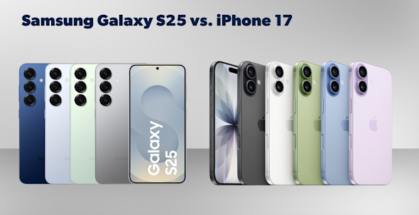 Produktbilder Samsung Galaxy S25 und iPhone 17, jeweils Vorder- und Rückseite, verschiedene Farben