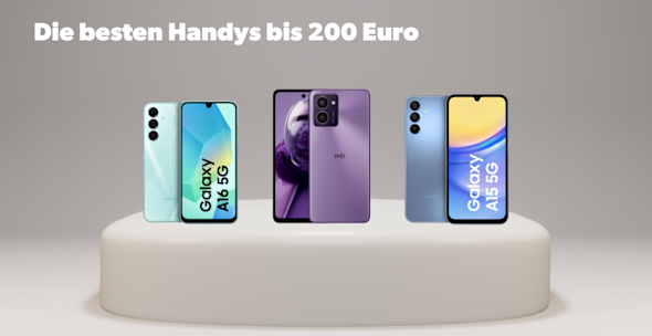 DR: Bestenliste Handys unter 200 Euro, Produktbilder Samsung Galaxy A16 AG, Realme 14x, Samsung Galaxy A15 AG