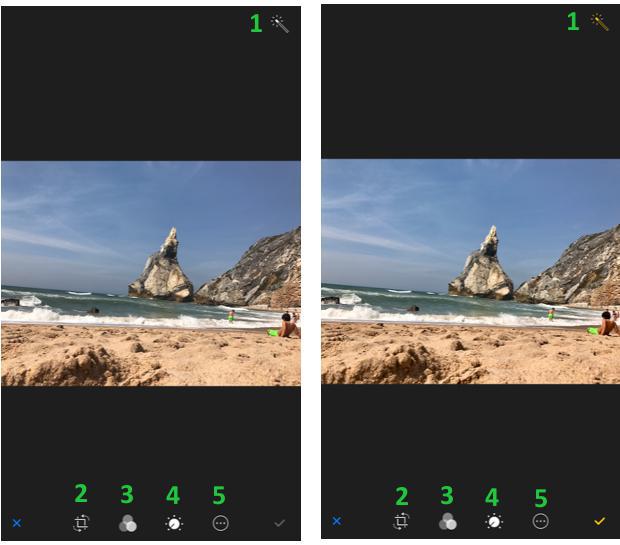 Screenshots der verschiedenen Bereiche zur Bearbeitung der Farbwerte in der iPhone Fotos App