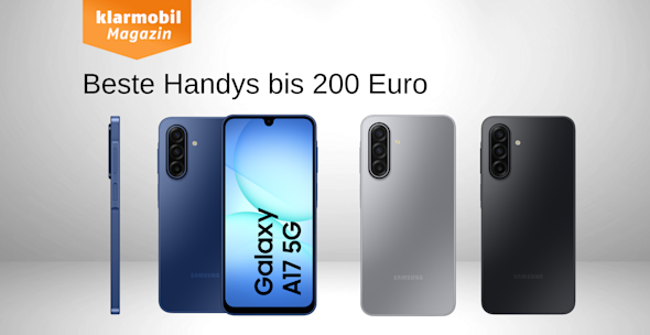 Headerbild Handys bis 200 Euro, Produktbild Samsung Galaxy A17 5G, Vorder-, Rück-, und Seitenansicht, verschiedene Farben