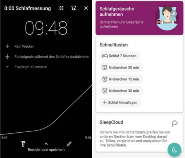 Zwei Screenshots der App Sleep as Android.