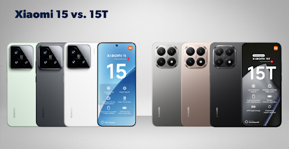 Produktbilder Xiaomi 15 und Xiaomi 15T, jeweils Vorder- und Rückseite, verschiedene Farben