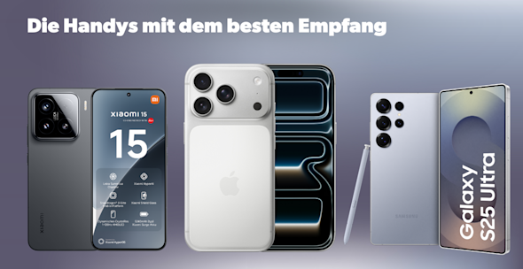 Produktbilder Xiaomi 15, iPhone 17 Pro Max,  Samsung Galaxy S25 Ultra, jeweils Vorder- und Rückseite