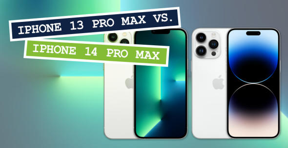 Das iphone 13 pro max und das iphone 14 pro max in weiß mit Vorder- und Rückseite zum Vergleich nebeneinander gestellt vor grünem Hintergrund.