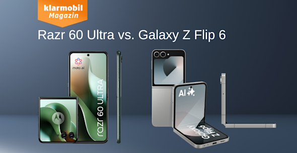 Headerbild Razr 60 Ultra vs Galaxy Z Flip 6, jeweils Vorder-, Seiten und Rückansicht
