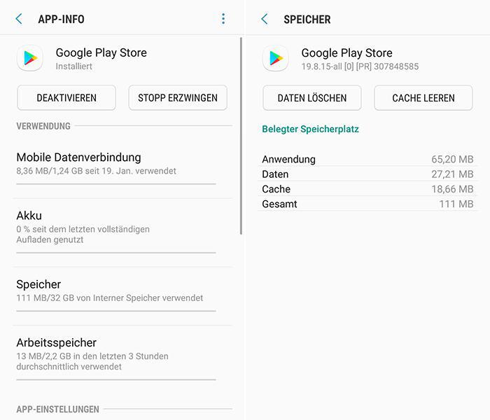 Zwei Screenshots in den Einstellungen in Sachen Play Store