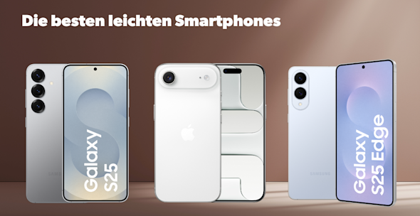 Header Image Bestenliste leichte Smartphones, Produktbilder Samsung Galaxy S25, iPhone Air, Samsung Galaxy S25 Edge, jeweils Vorder- und Rückseite