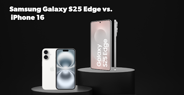 Produktbild Galaxy S25 Edge vs. iPhone 16 , Vorder- und Seiten- bzw. Vorder- und Rückansicht