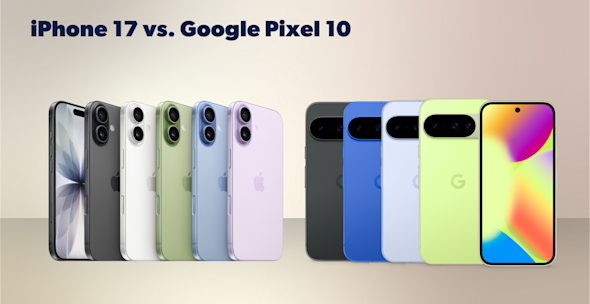 Produktbilder iPhone 17 und Google Pixel 10, jeweils Vorder- und Rückseite, verschiedene Farben