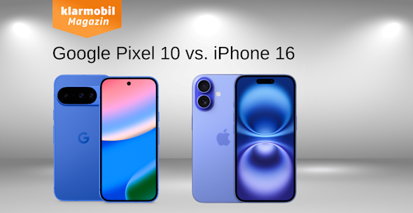 Headerbild Vergleich Google Pixel 10 vs. iPhone 16, Produktbilder, jeweils Vorder- und Rückseite
