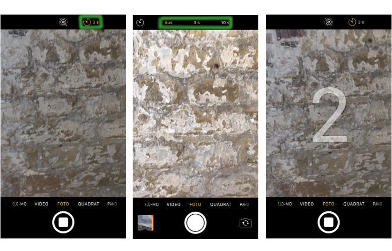 Drei Screenshots aus den Einstellung des iPhone Selbstauslöser in der Kamera App