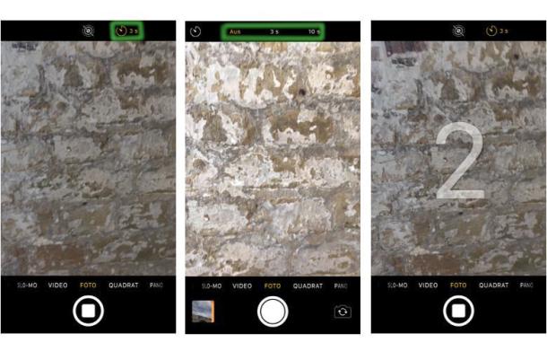 Drei Screenshots aus den Einstellung des iPhone Selbstauslöser in der Kamera App