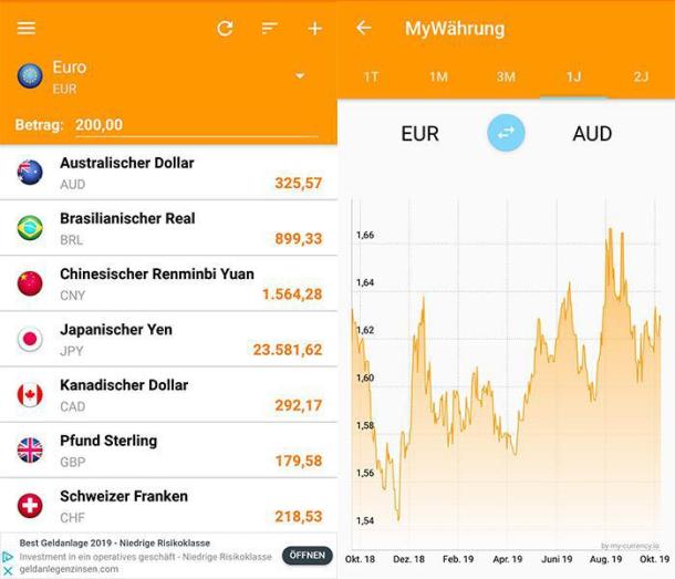 Zwei Screenshots der Währungsrechner App My Währung