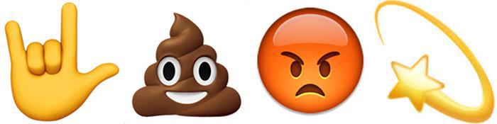 Emojis: Metalhand, Kackhäufchen, schmollendes Gesicht und Sternschnuppe