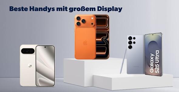 DR: Handys mit großem Display_Headerbild Headerbild Handys mit großem Display: Produktbilder Google Pixel 10 Pro XL, iPhone 17 Pro Max, Samsung Galaxy S25 Ultra, jeweils Vorder- und Rückseite