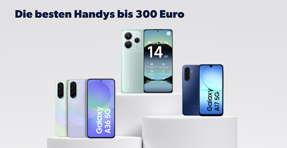 Produktbilder Samsung Galaxy A36, Xiaomi Redmi Note 14, Samsung Galaxy A17, jeweils Vorder- und Rückseite