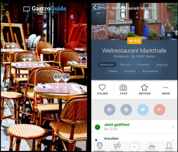 Zwei Screenshots aus der Restaurant-App GastroGuide.
