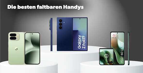 Headerbild Bestenliste Faltbare Handys, Produktbilder Google Pixel 10 Pro Fold, Samsung Galaxy Z Fold7,  Motorola razr 60 Ultra