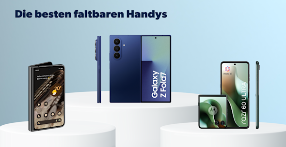 Headerbild Bestenliste Faltbare Handys, Produktbilder Samsung Galaxy Z Fold7, Google Pixel 9 Pro Fold, Motorola razr 60 Ultra