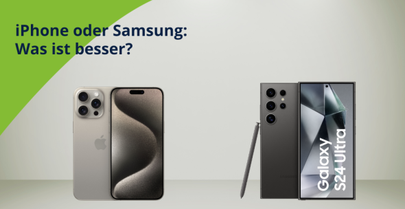 Apple vs. Samsung Schriftzug mit Bildern eines Apple- und eines Samsung-Modells.