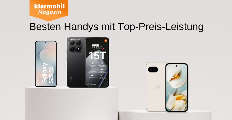 Headerbild Handys mit bestem Preis-Leistungs-Verhältnis, Produktbilder Samsung Galaxy S25FE, Xiaomi 15T, Google Pixel 9a
