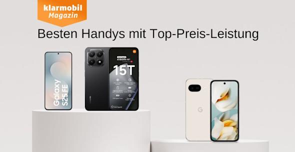 mic: Bestenliste: Handys mit bestem Preis-Leistungs-Verhältnis_Headerbild Headerbild Handys mit bestem Preis-Leistungs-Verhältnis, Produktbilder Samsung Galaxy S25FE, Xiaomi 15T, Google Pixel 9a
